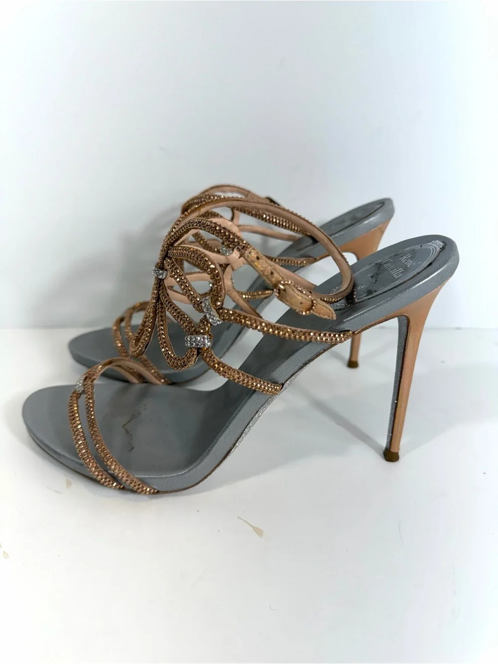 René Caovilla Crystal Butterfly Sandals 40.5 Rose Gold Gray Stiletto Heels Made